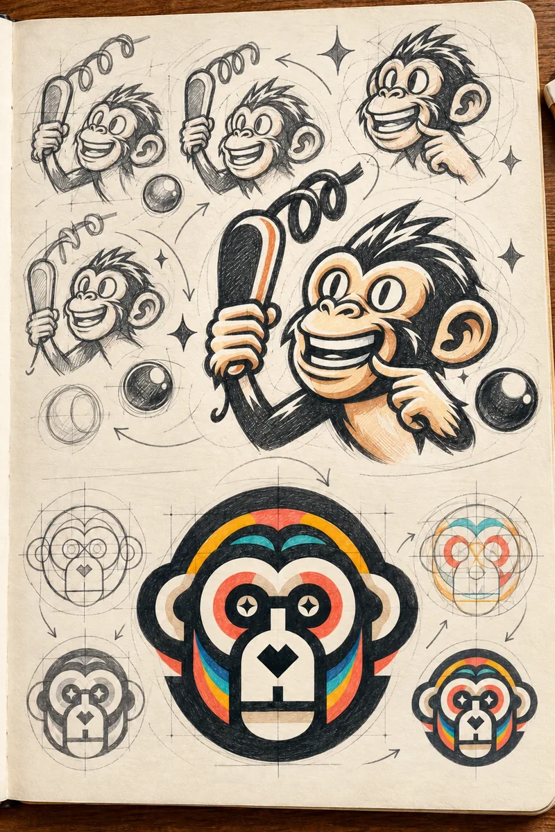 Sketchbook page showing the MOWAK Games mascot sketches evolving into the official isotype