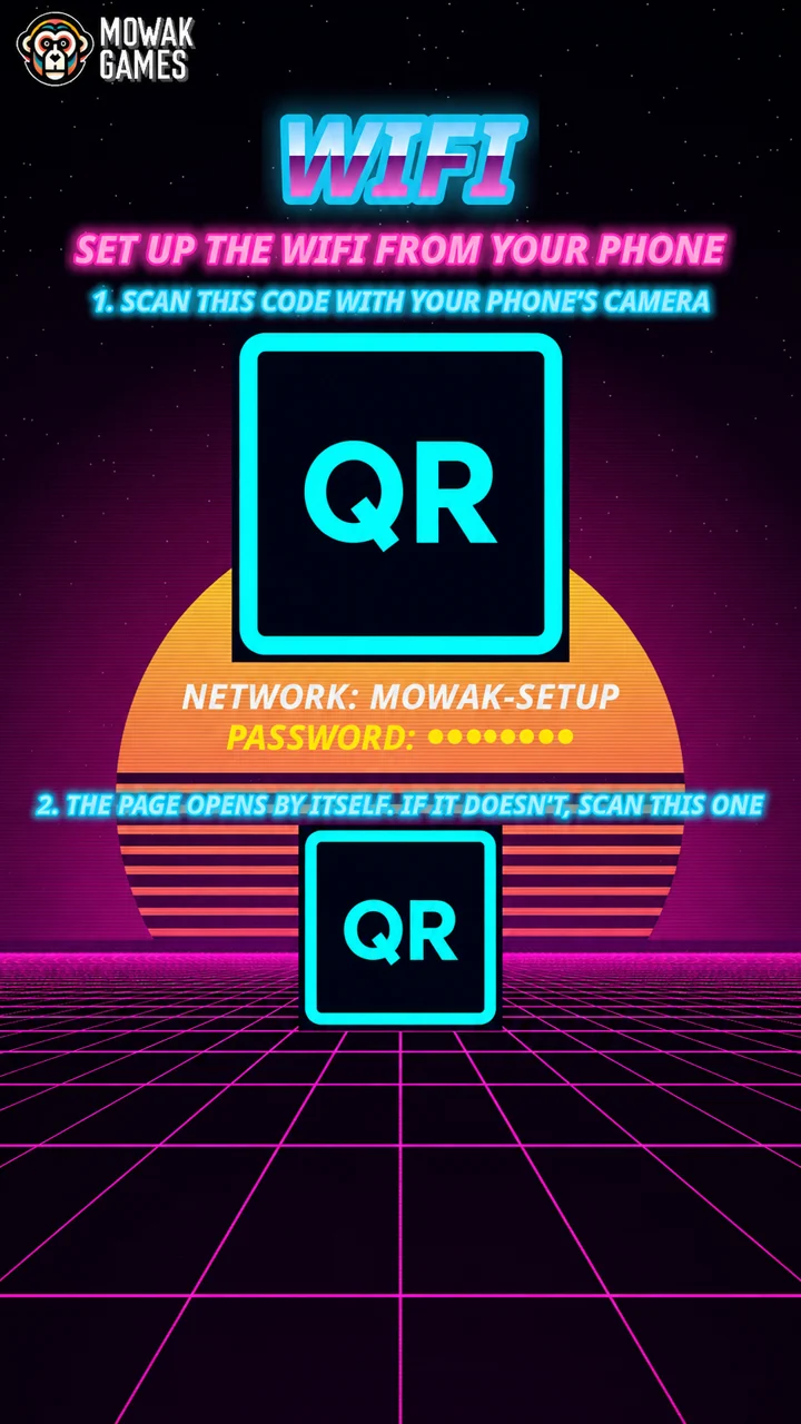 Mowak Launcher cabinet Wi-Fi setup screen with nonfunctional QR placeholders
