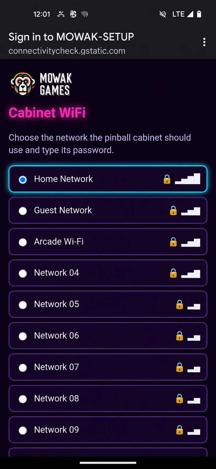 Mowak Launcher Wi-Fi setup page on a phone with example network names