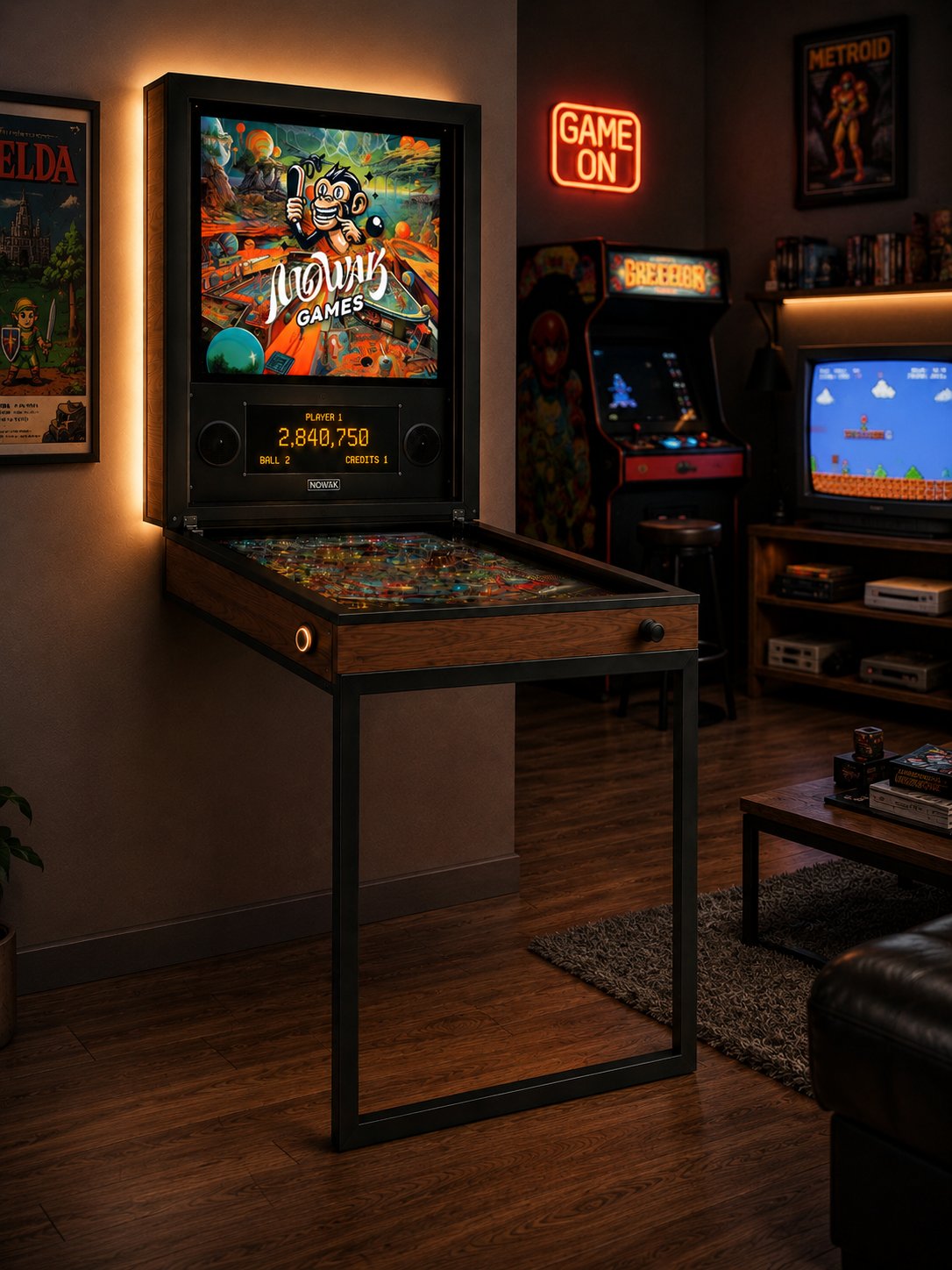 MOWAK wall-mounted pinball in a game room