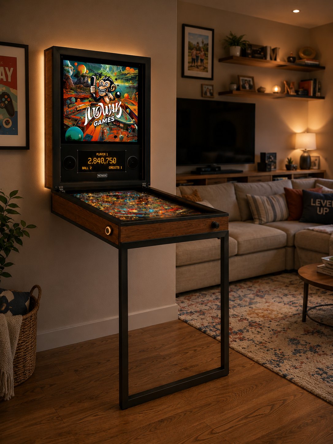 MOWAK wall-mounted pinball in a family room