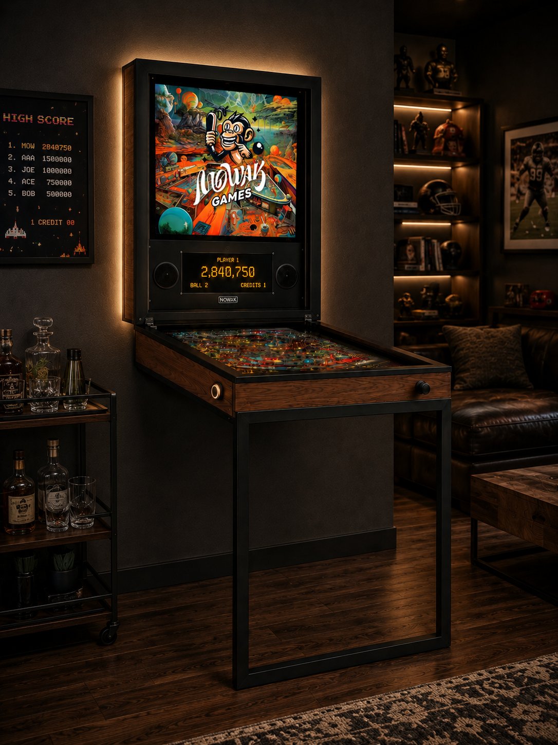 MOWAK wall-mounted pinball in a man cave