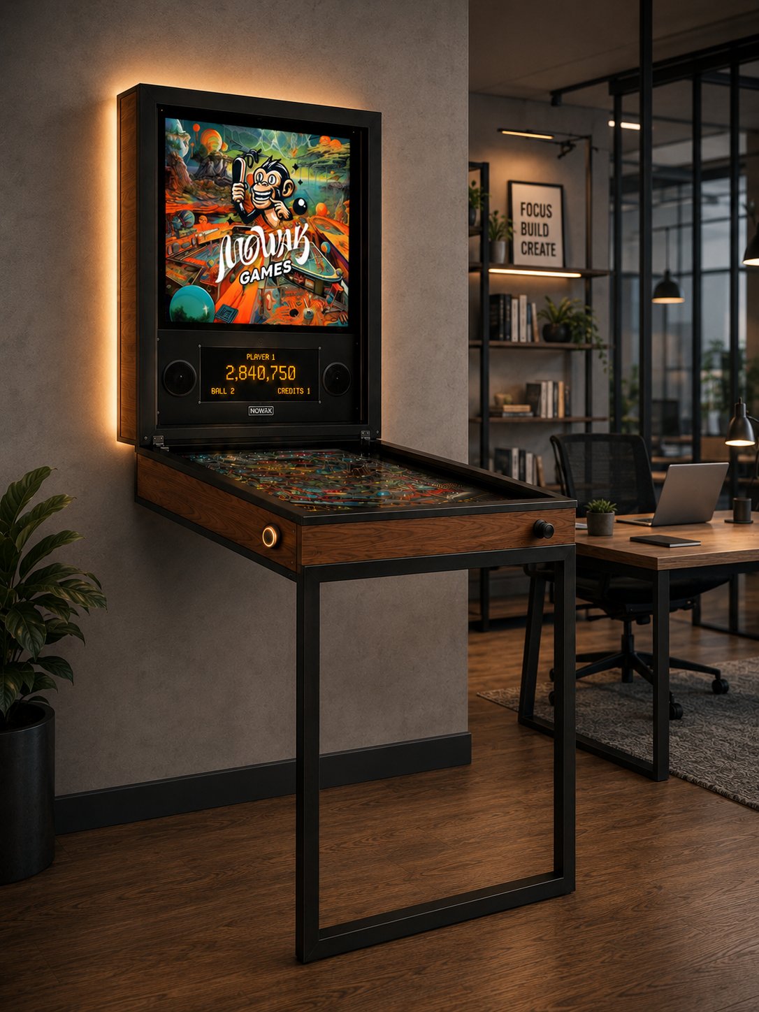 MOWAK wall-mounted pinball in an office