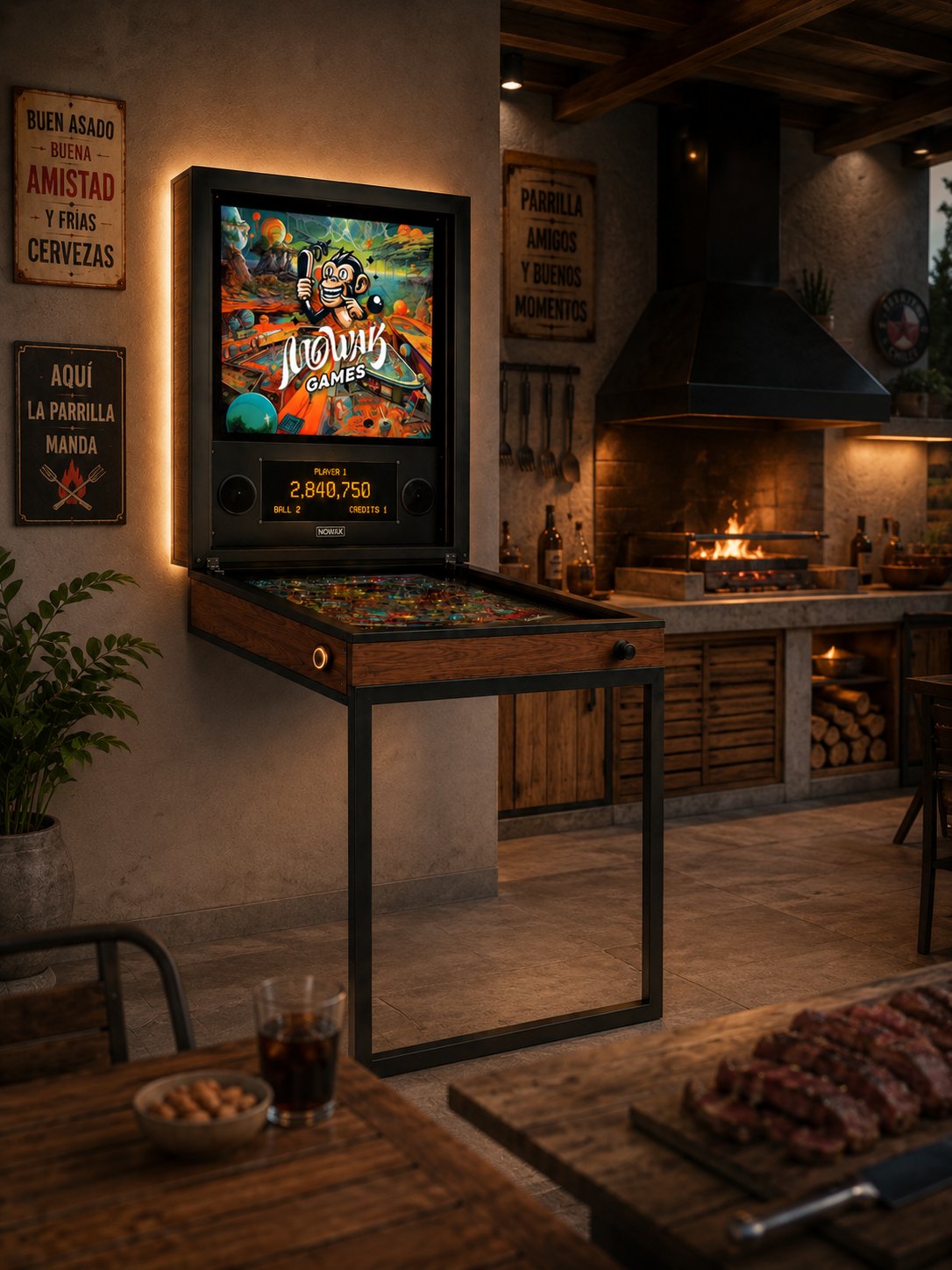 MOWAK wall-mounted pinball in a quincho