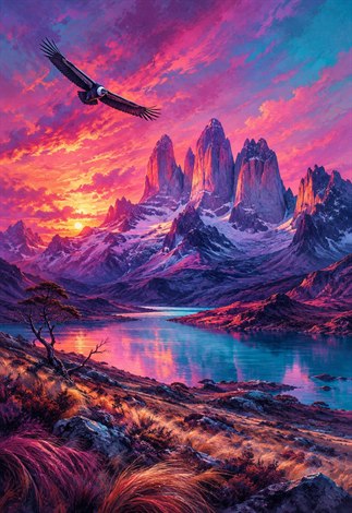Fluor Patagonia Chile condor and Torres del Paine artwork
