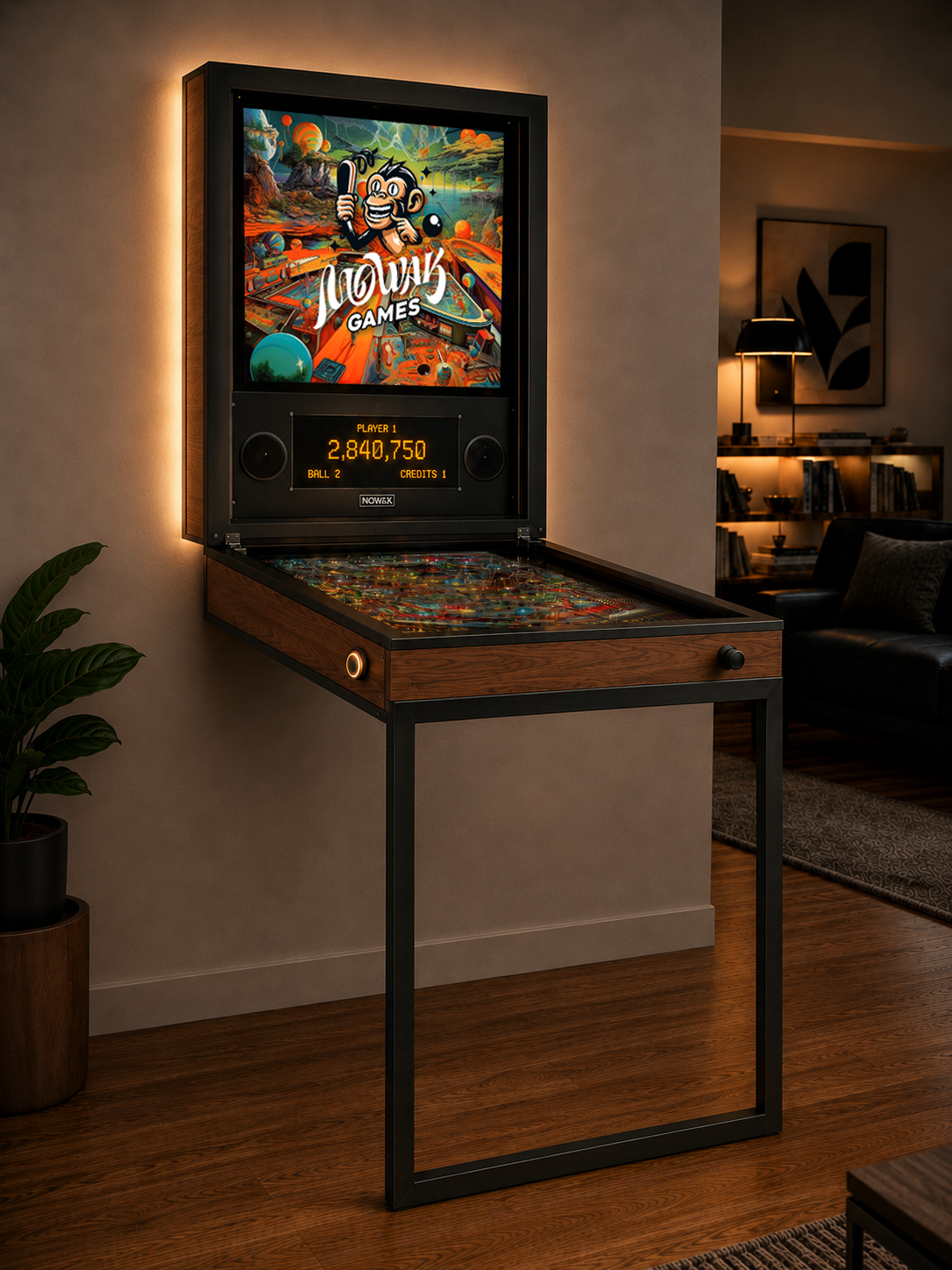 MOWAK wall-mounted folding digital pinball opened in a living room