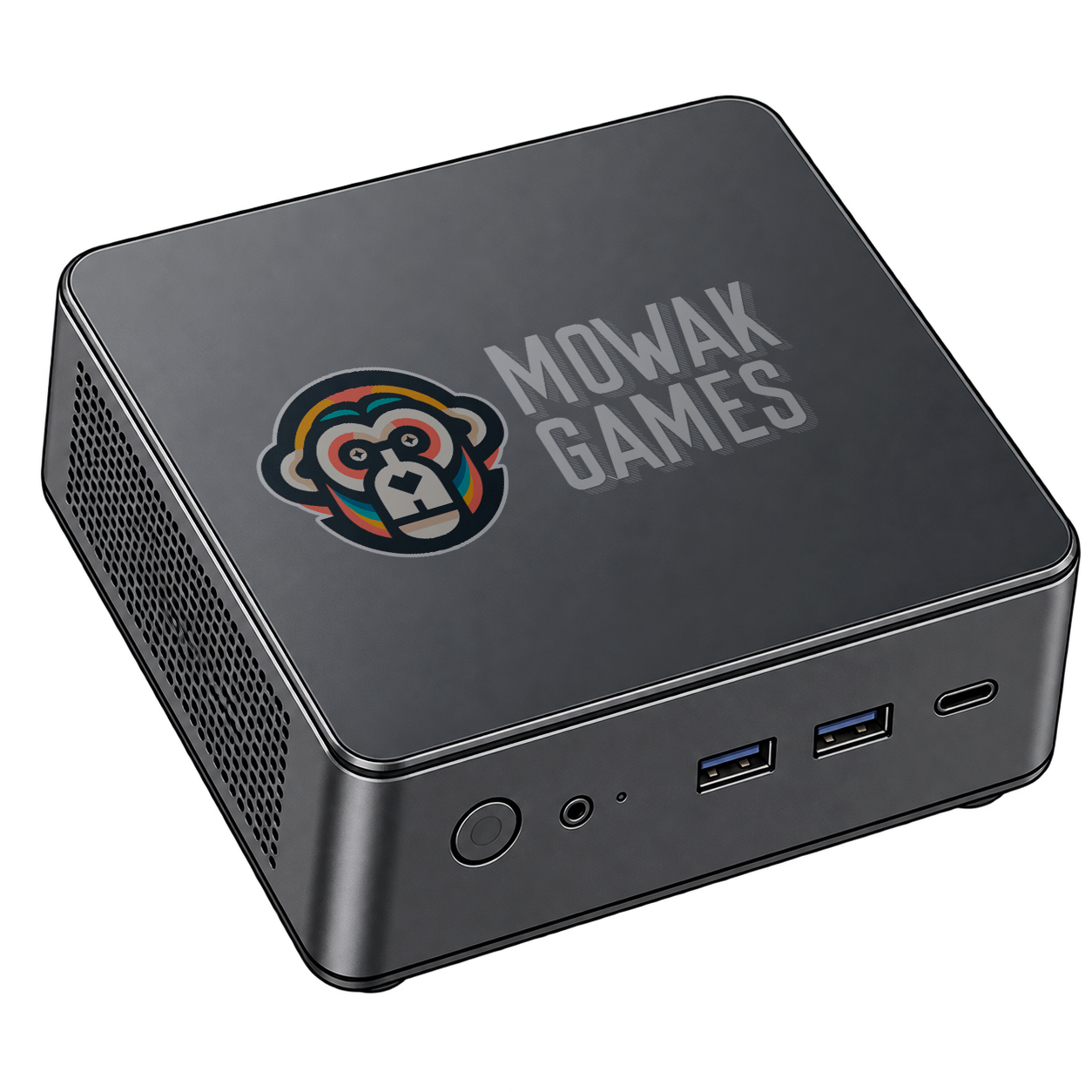 Illustrative dark mini PC with Mowak Games branding