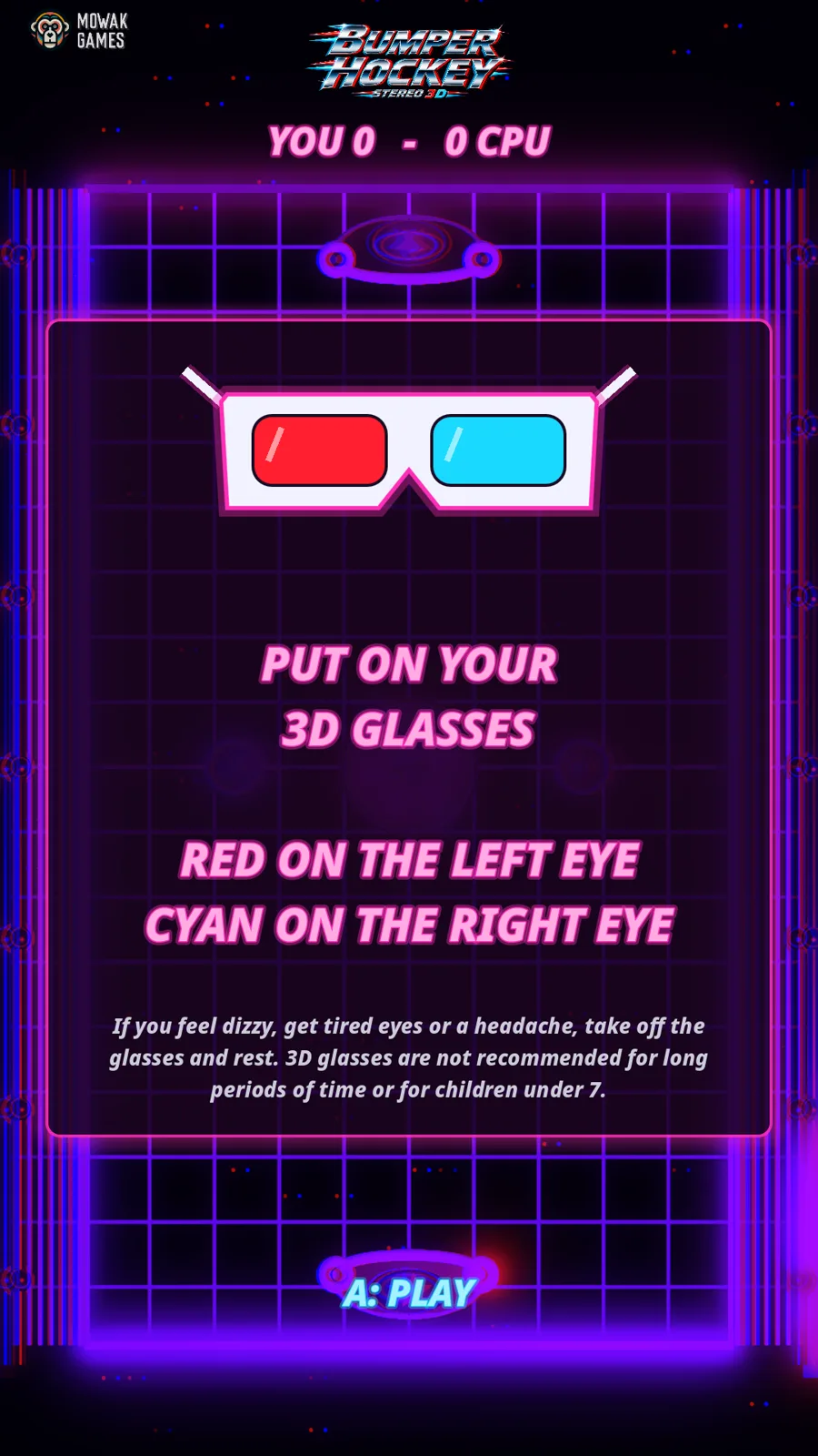 Bumper Hockey instructions for red and cyan 3D glasses