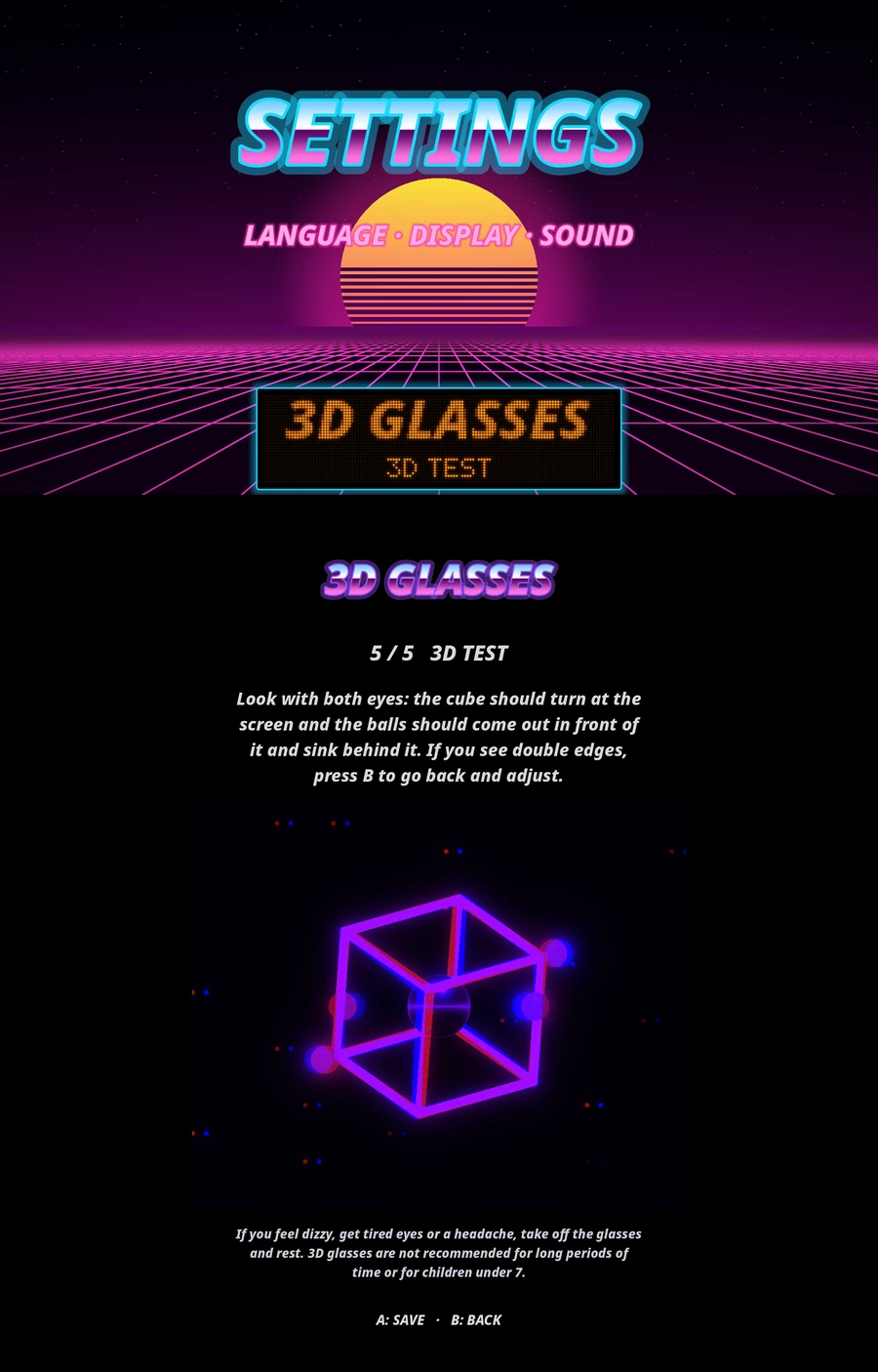 Mowak Vertical Mini Games 3D settings test with an anaglyph cube