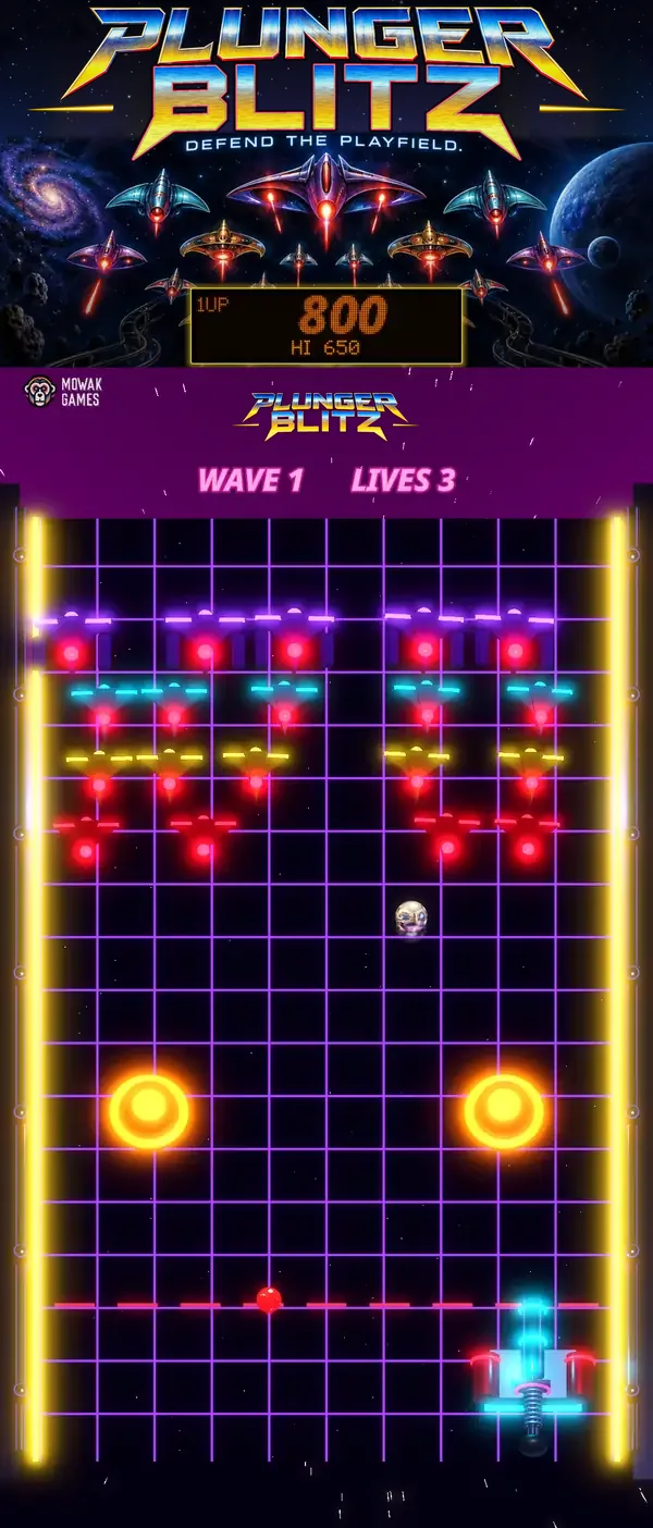 Plunger Blitz game on a vertical pinball playfield