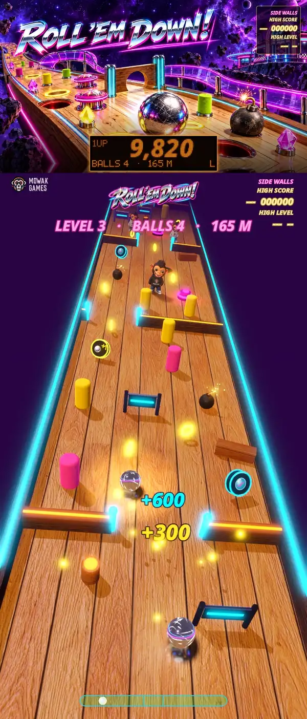 Roll 'Em Down! game on a vertical pinball playfield
